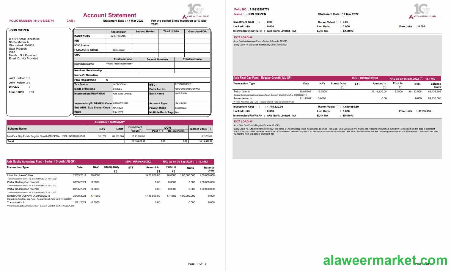 India Axis bank statement 3 pages